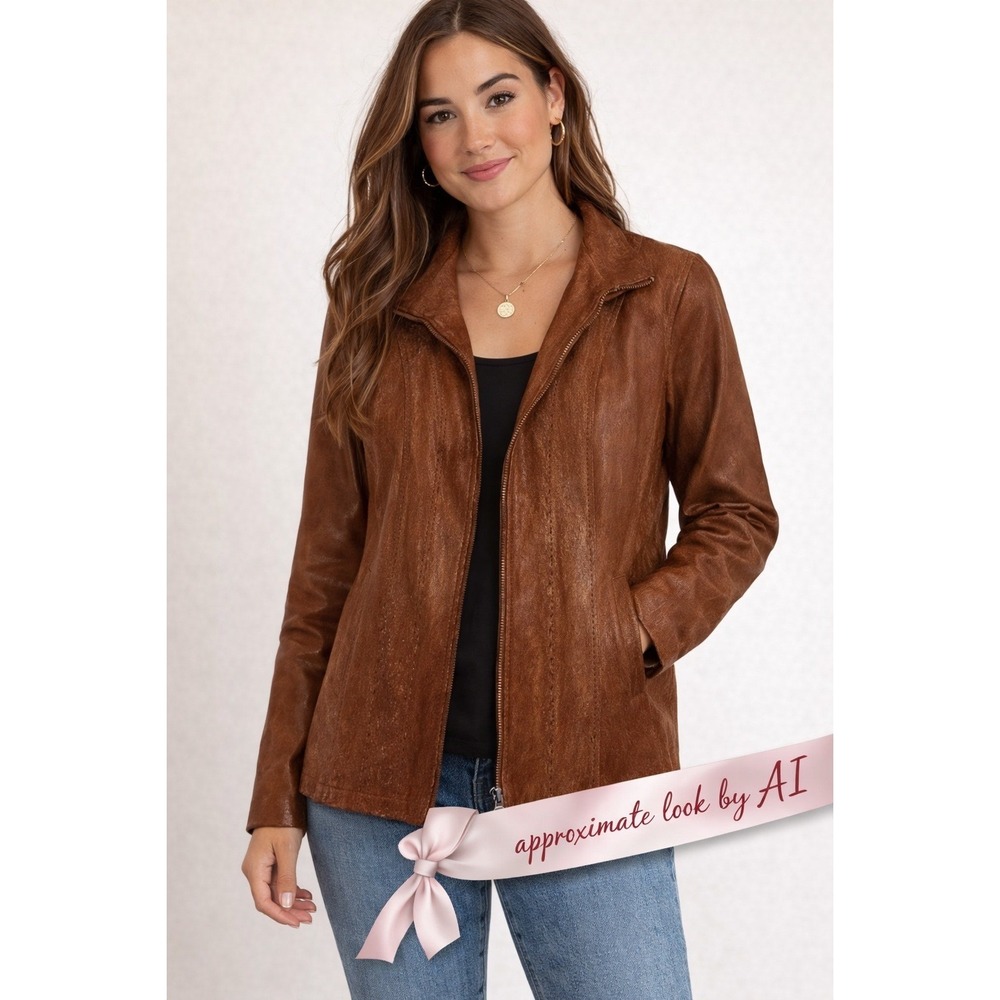 ANA Genuine Leather Jacket Brown Textured Zip Front Moto Womens Size Small